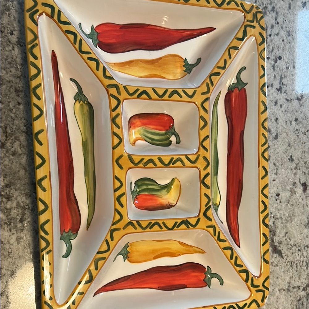 Red and Yellow Ceramic Serveware Tray with Chili Pepper Design